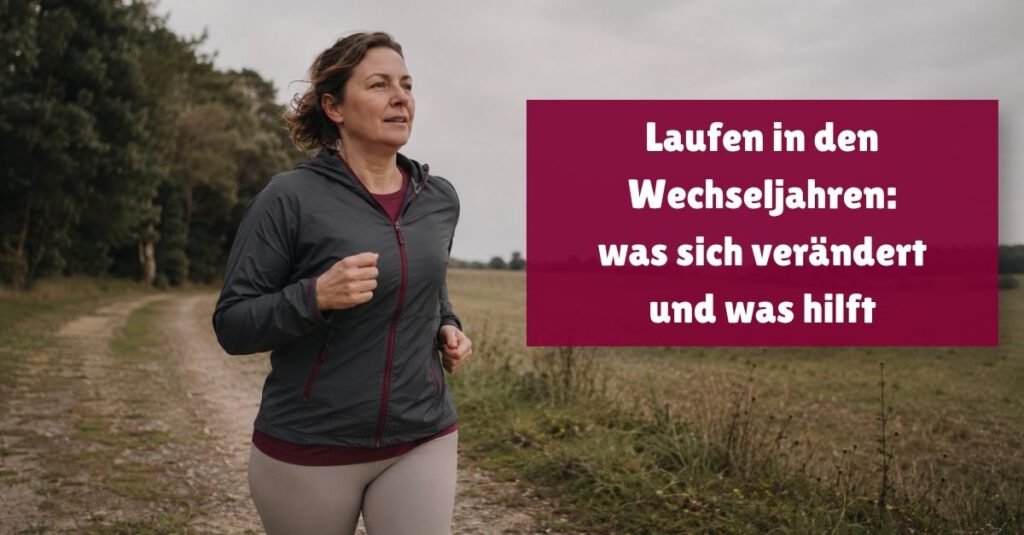 Frau um die 50 läuft in den Wechseljahren locker auf einem ruhigen Waldweg (mit KI erstellt)