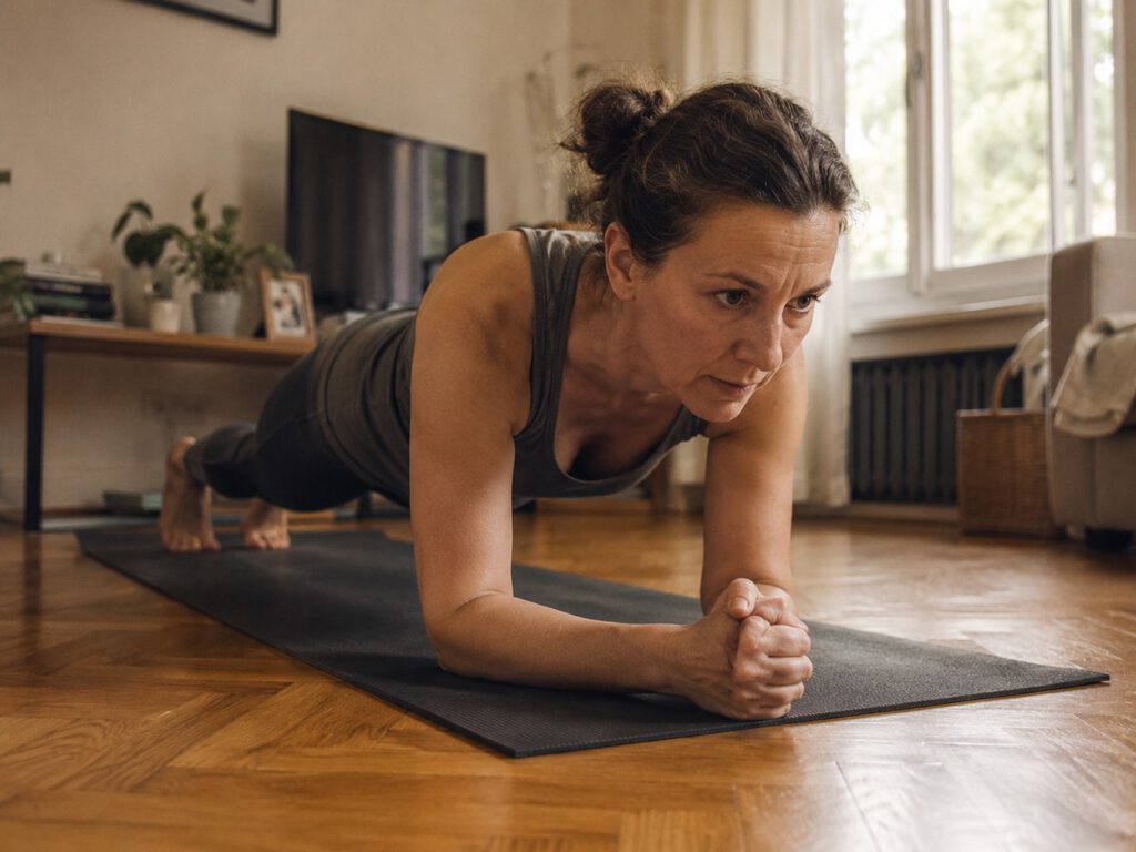 Frau in den Wechseljahren macht Krafttraining mit dem eigenen Körpergewicht zu Hause (mit KI erstellt)